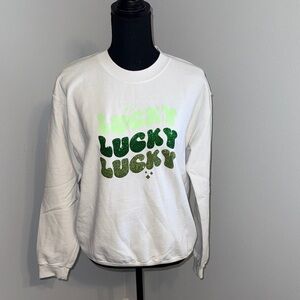 White Sweatshirt with Green 'Lucky' Print